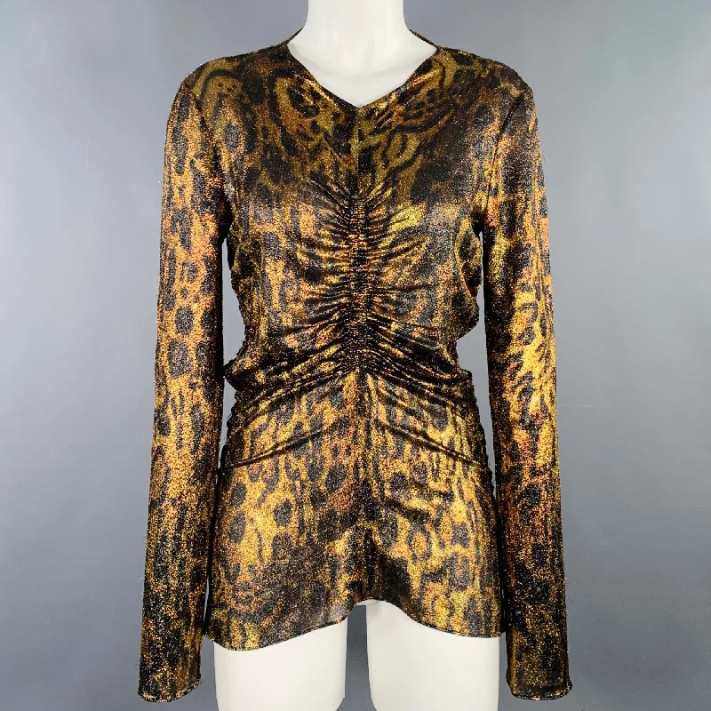 ISABEL MARANT Size S Brown Black Metallic Silk Blend Animal Print Dress Top