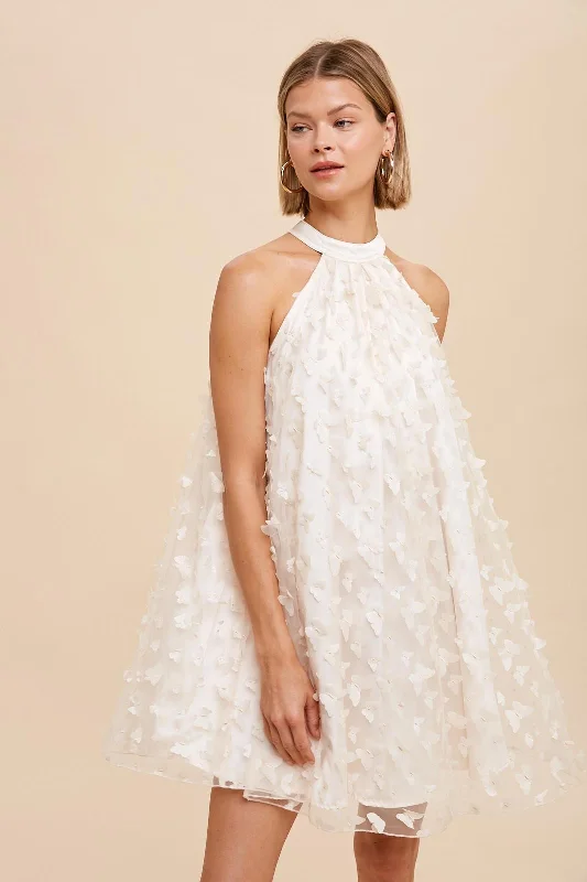 Ivory Butterfly Applique Tie Neck Halter Dress Lightweight unclassified dresses