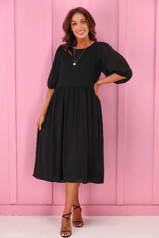 Jane James Laurel Pintuck Front Dress Black