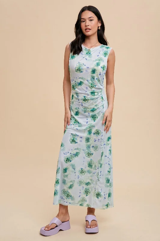 Light Blue Rose Print Ruched Mesh Dress