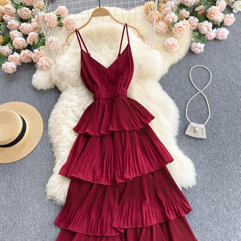 Lovely V-neck slim mid-length pleated ruffle dress  614 Affordable unclassified dresses