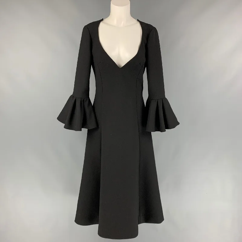 MARC JACOBS Fall 2019 Size 2 Black Wool Blend Deep V-Neck Ruffle Sleeve Dress