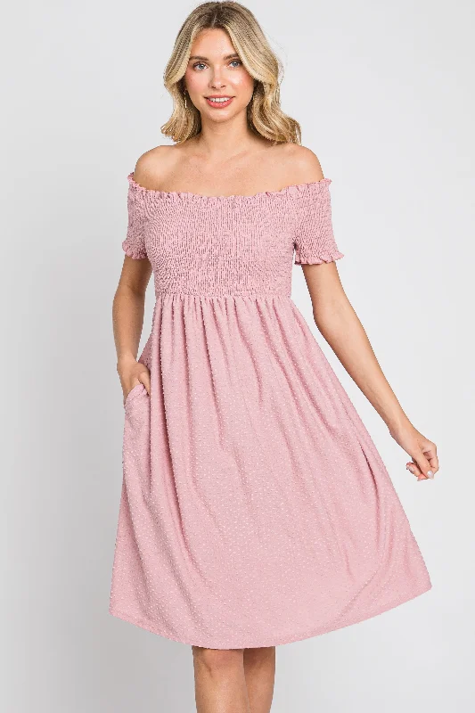 Mauve Swiss Dot Off Shoulder Dress