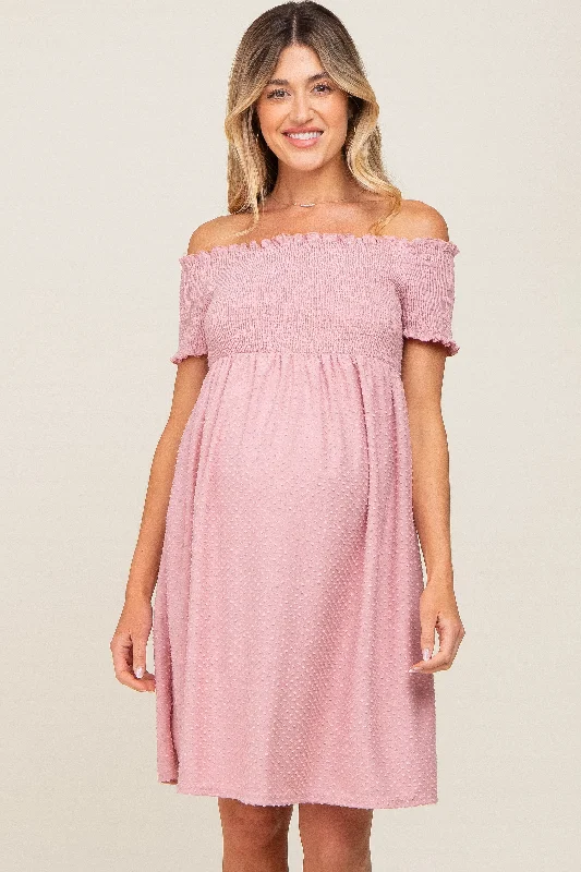 Mauve Swiss Dot Off Shoulder Maternity Dress