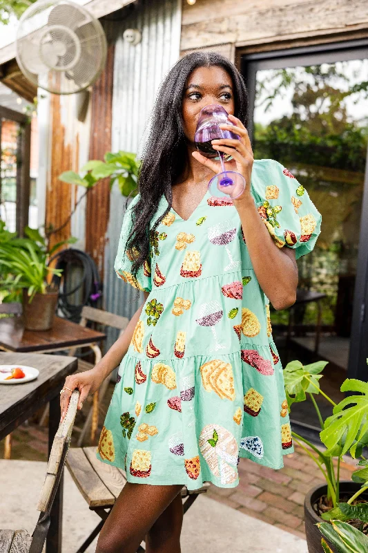 Mint Wine & Charcuterie Poof Sleeve Dress