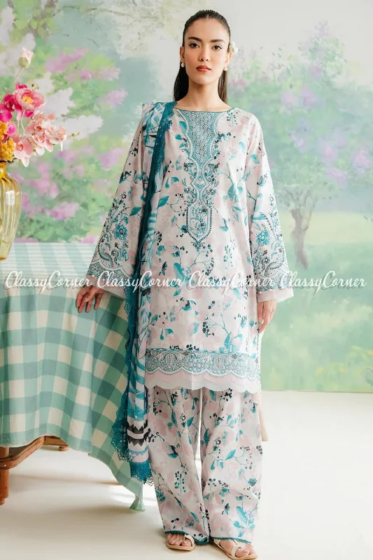 Off White Blue Lawn Floral Salwar Kameez