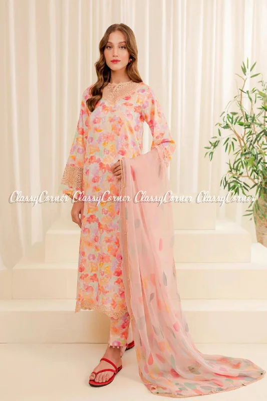 Peach Floral Printed 3PC Lawn Suit