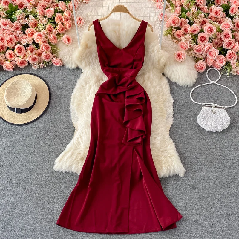 Red v neck dress fashion dress  423