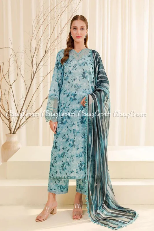 Turquoise Blue Floral Printed Lawn Suit