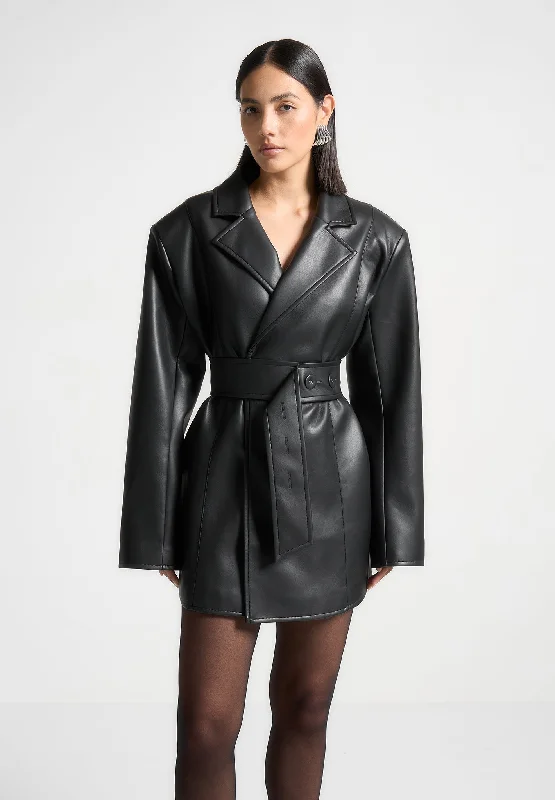 Leather Oversized Belted Blazer Dress - Black