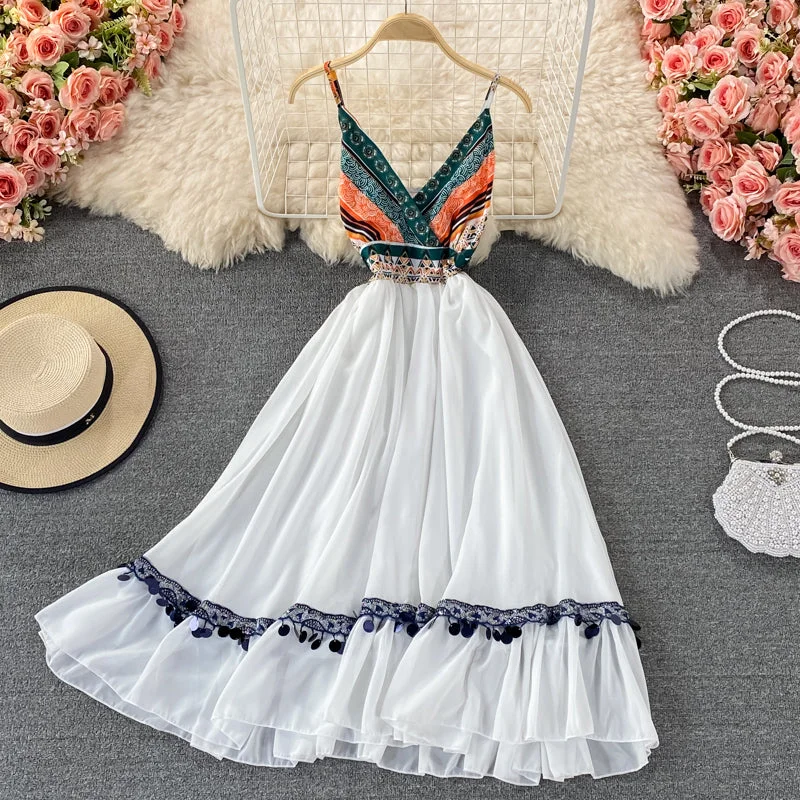 White A line v neck dress fashion dress  620