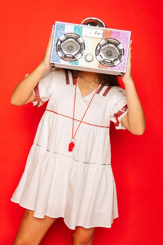 White/Bright Red Poof Sleeve QOS Jersey Dress