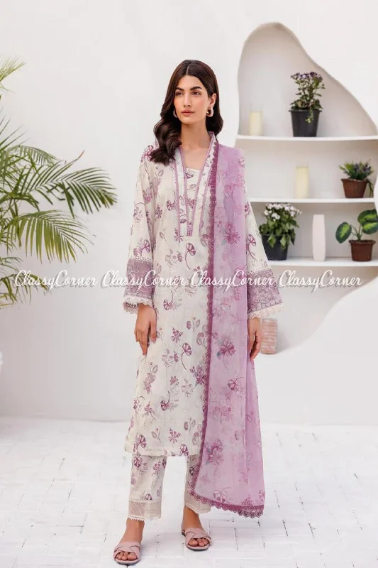 White Purple Digital Printed Lawn Pakistani Suit