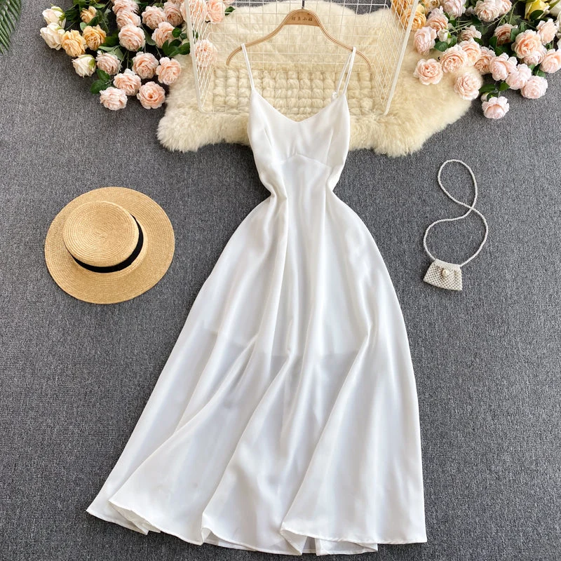 White v neck A line dress fashion dress  574