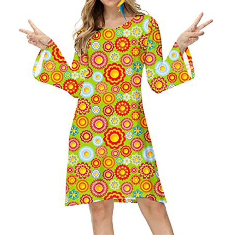 Women's Vintage 70's Hippie Clothing Print Ladies Dress