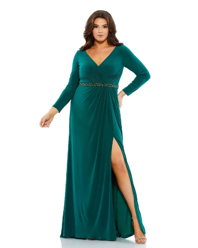 Beaded Belt Jersey Faux Wrap Long Sleeve Gown | Emerald