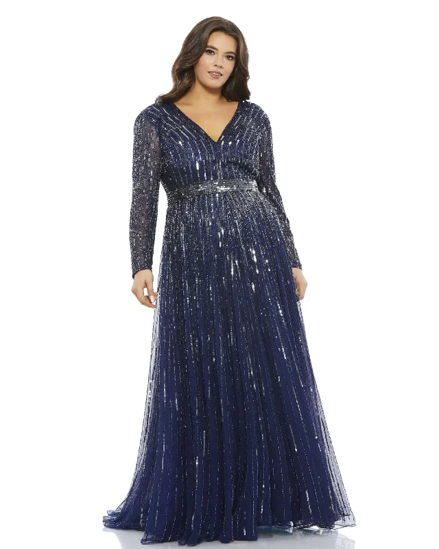 Embellished Illusion Long Sleeve V Neck A Line Gown | MIDNIGHT