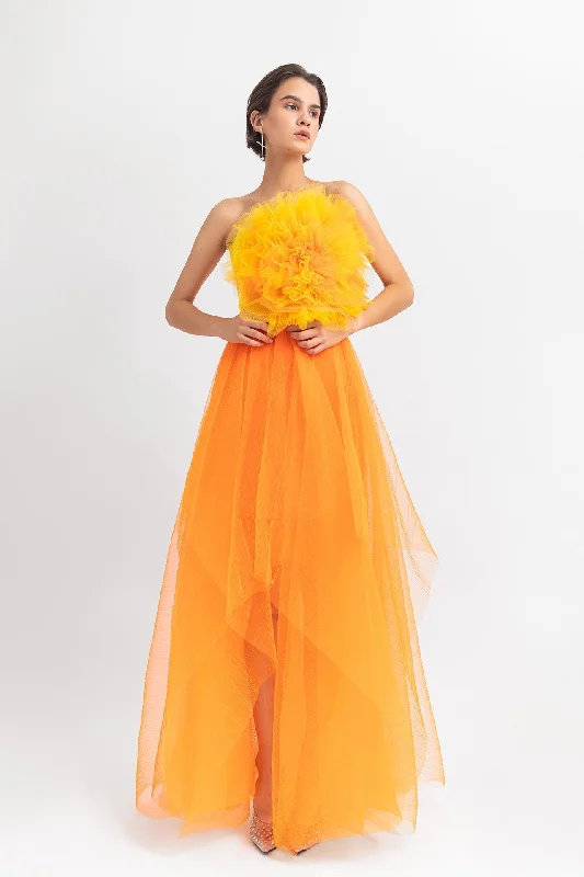 Flower draped tulle long dress with a fully pleated long skirt