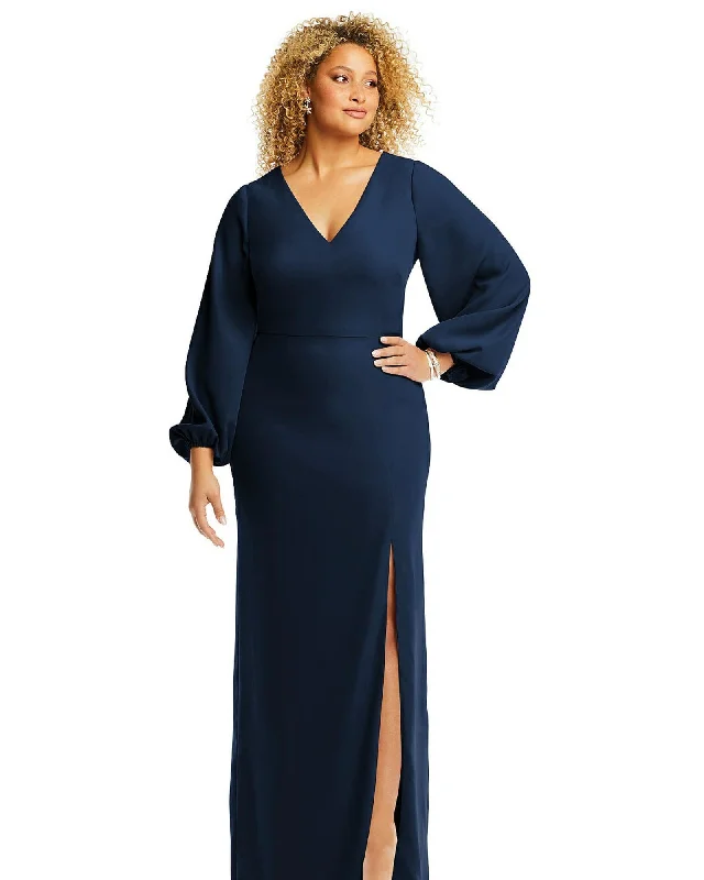 Long Puff Sleeve V-Neck Trumpet Gown | Midnight Navy