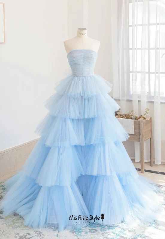 Long Ruffle Skirt Blue Prom Dress