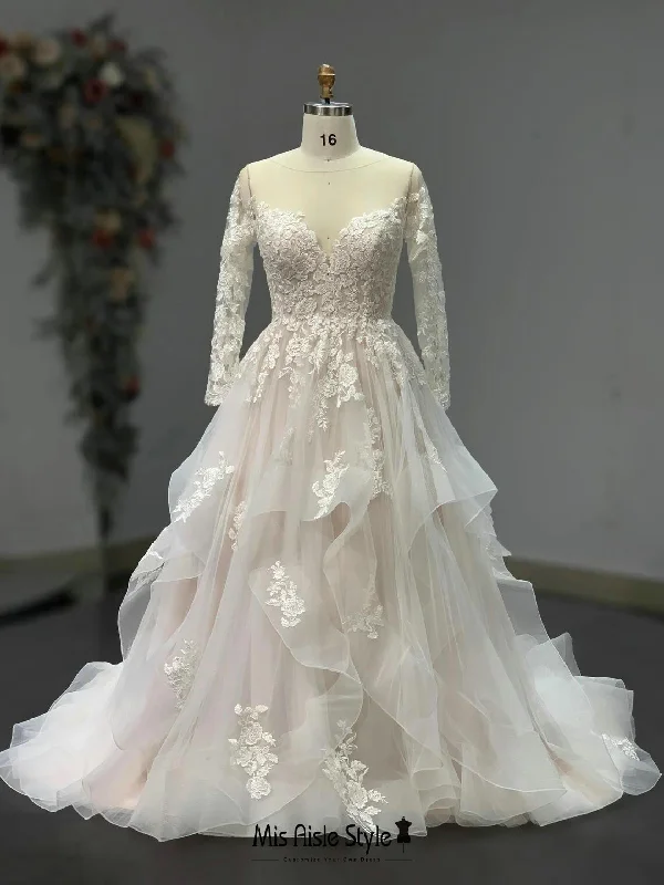 Long Sleeve Tiered Skirt Wedding Dress