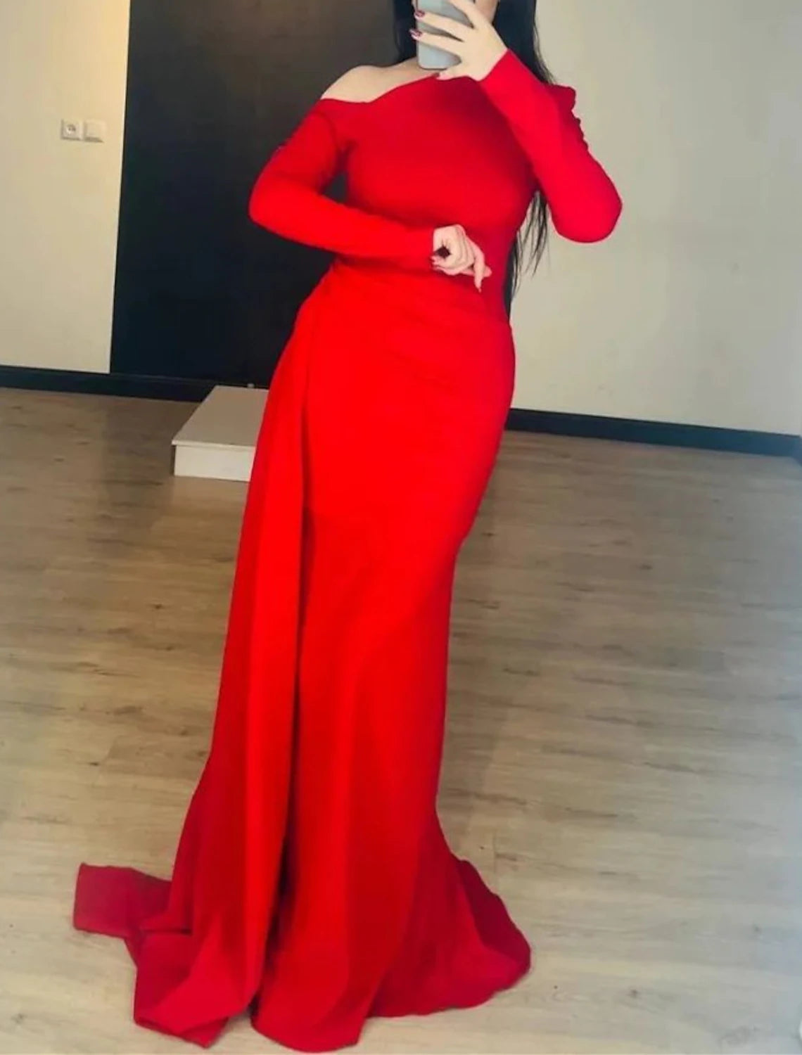 Mermaid / Trumpet Evening Gown Elegant Dress Formal Christmas Sweep / Brush Train Long Sleeve One Shoulder Satin with Overskirt