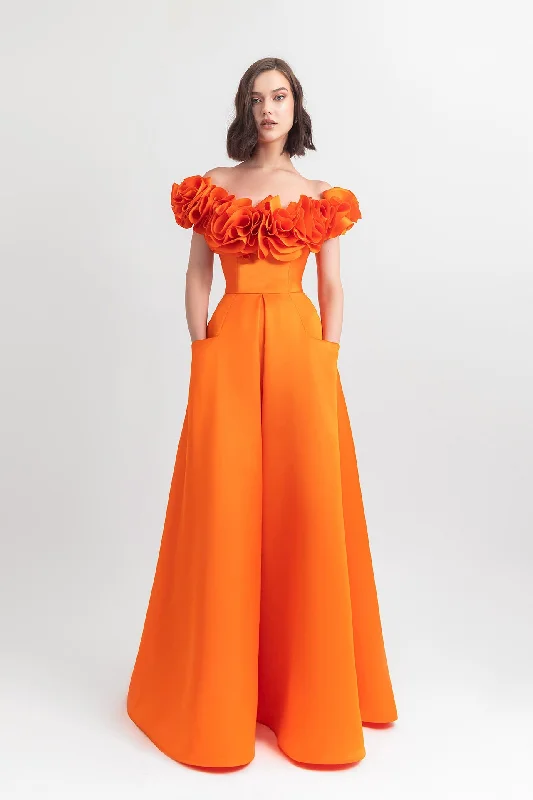 Off-shoulders ruffled satin dress with a long A-line skirt with pockets.