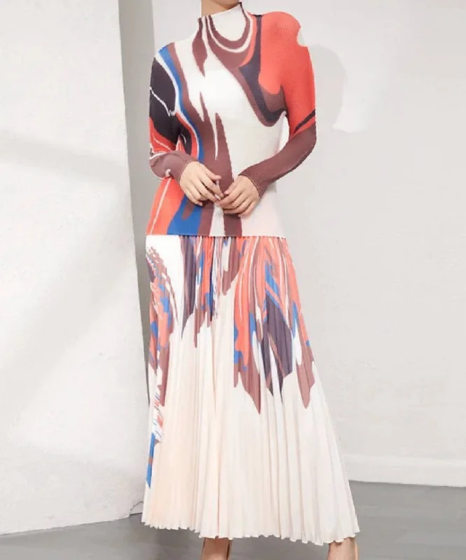 Printed Long Sleeve With Long Skirt Set In Orange