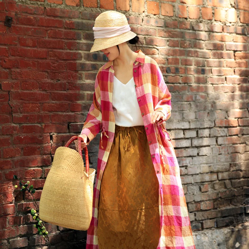 Plaid Skirts Dress Summer Casaul Long Women Linen Button Down Dresses With Waist Belt Z97302