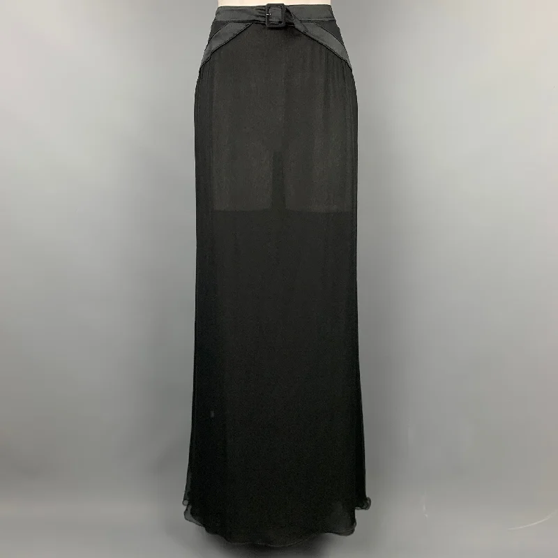 VALENTINO Size 8 Black Sheer Silk Chiffon Satin Belt Maxi Skirt