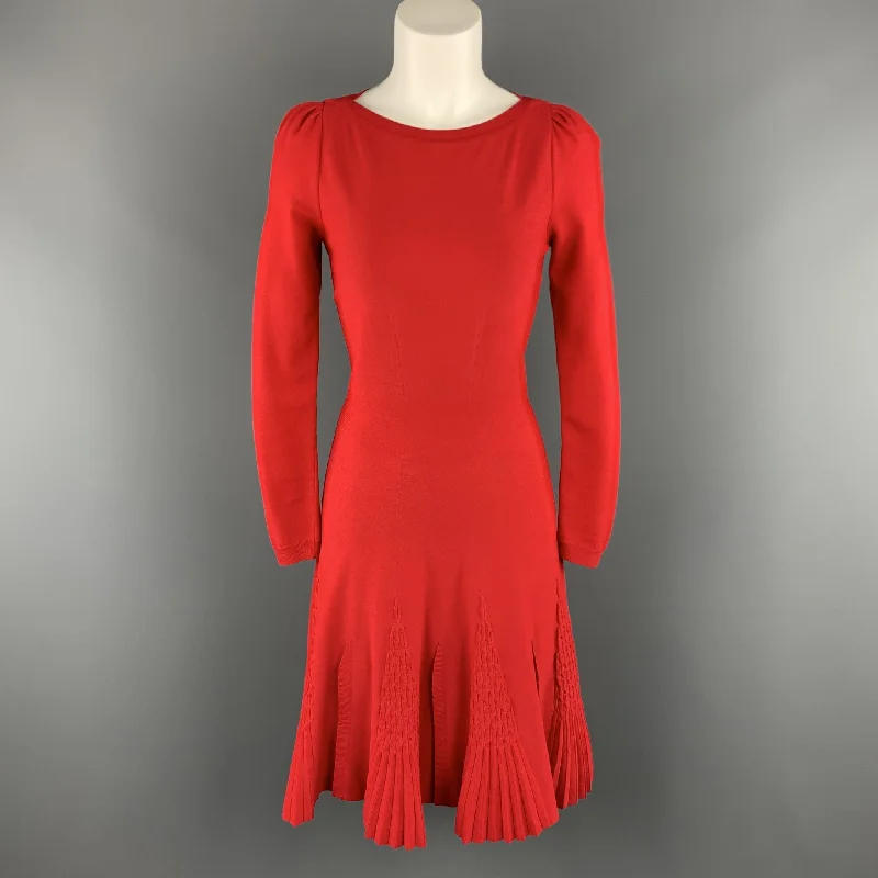 VALENTINO Size S Red Knit long Sleeve Pleat Flare Skirt Dress