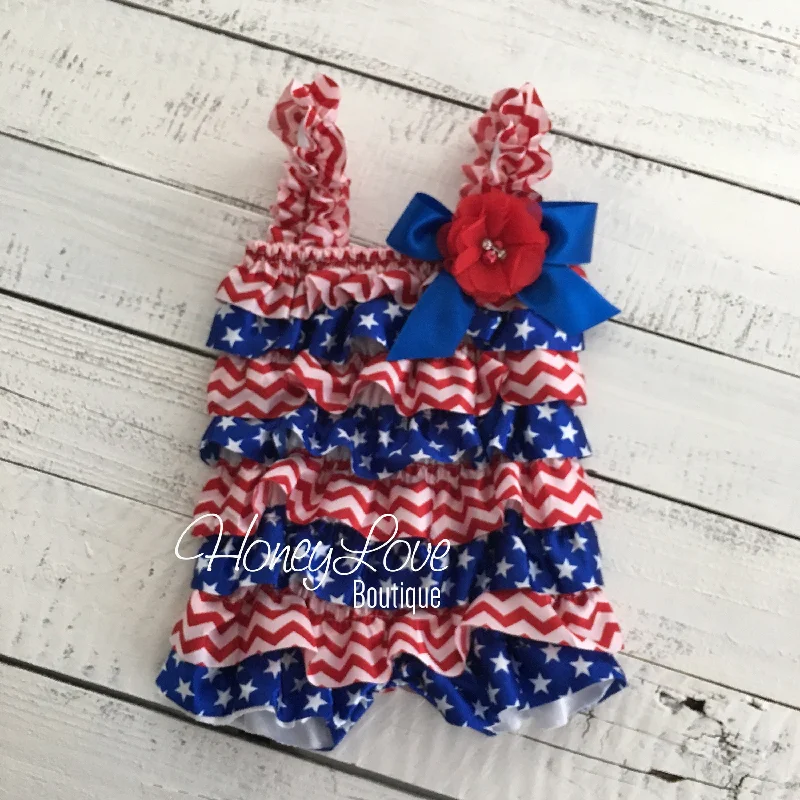 Satin & Lace Petti Romper - Patriotic, Stars - Red, White and Blue - with flower embellishment