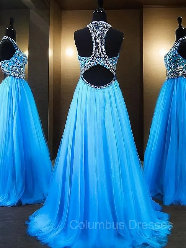 A-Line/Princess Jewel Sweep Train Tulle Evening Dresses With Beading