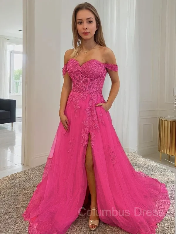 A-Line/Princess Off-the-Shoulder Court Train Tulle Corset Prom Dresses With Leg Slit outfit