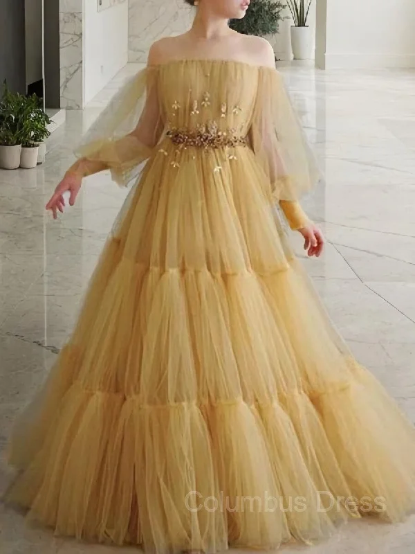 A-Line/Princess Off-the-Shoulder Floor-Length Tulle Corset Prom Dresses With Beading outfit