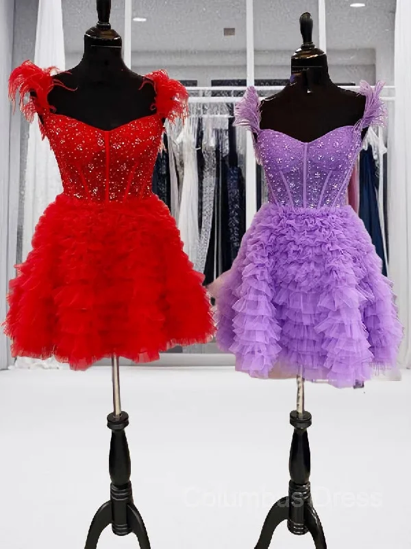 A-line/Princess Off-the-Shoulder Knee-Length Tulle Corset Homecoming Dress with Cascading Ruffles Gowns