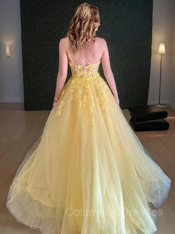 A-Line/Princess One-Shoulder Sweep Train Tulle Prom Dresses With Appliques Lace