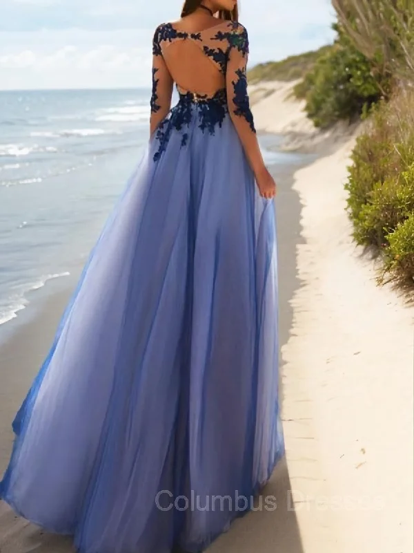 A-Line/Princess Scoop Floor-Length Tulle Evening Dresses With Appliques Lace