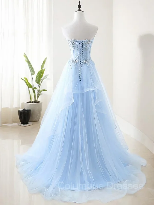 A-Line/Princess Sweetheart Sweep Train Tulle Prom Dresses With Appliques Lace