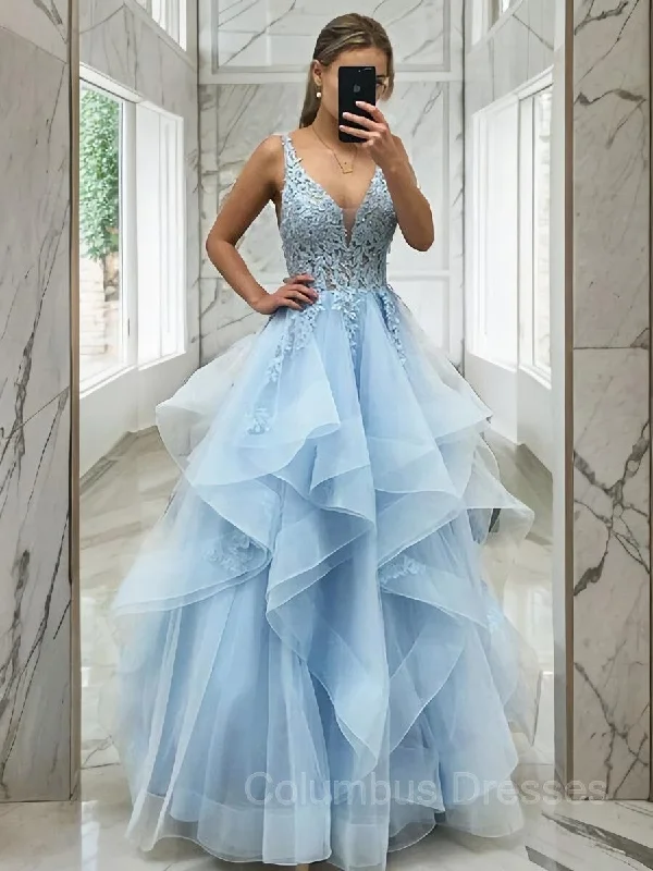 A-Line/Princess V-neck Floor-Length Tulle Prom Dresses