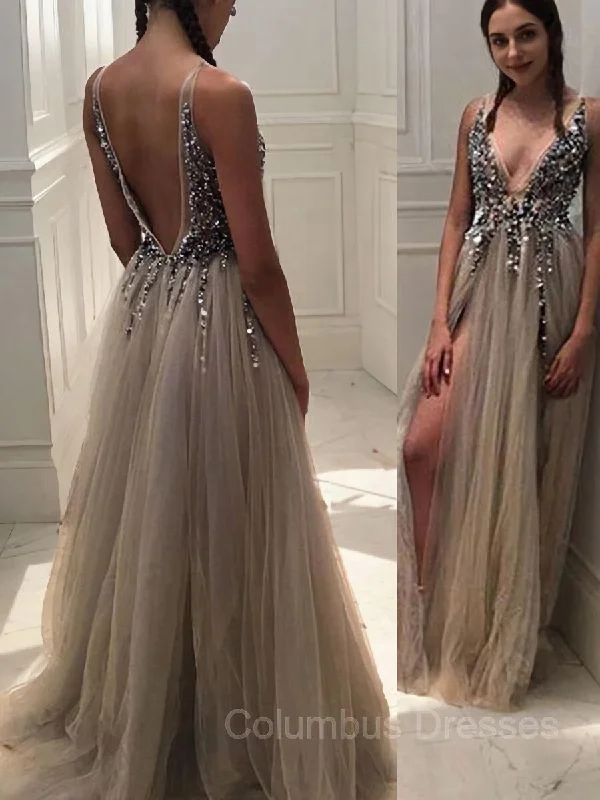 A-Line/Princess V-neck Sweep Train Tulle Evening Dresses With Rhinestone