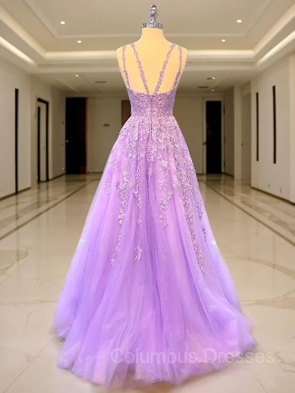 A-Line/Princess V-neck Sweep Train Tulle Prom Dresses With Appliques Lace