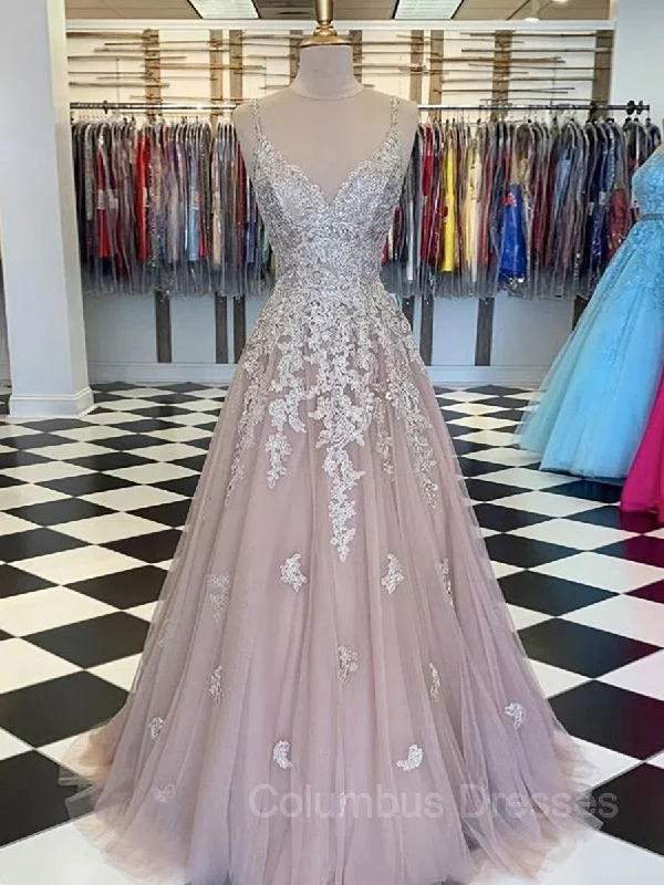 A-Line/Princess V-neck Sweep Train Tulle Prom Dresses With Appliques Lace