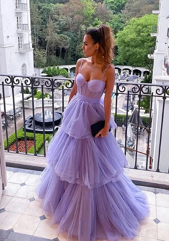 A-line Sweetheart Sleeveless Long/Floor-Length Tulle Corset Prom Dress With Ruffles Gowns