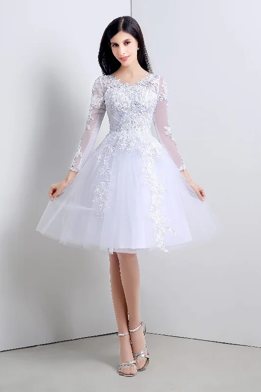 A-Line White Tulle Appliques Long Sleeve Corset Homecoming Dresses outfit