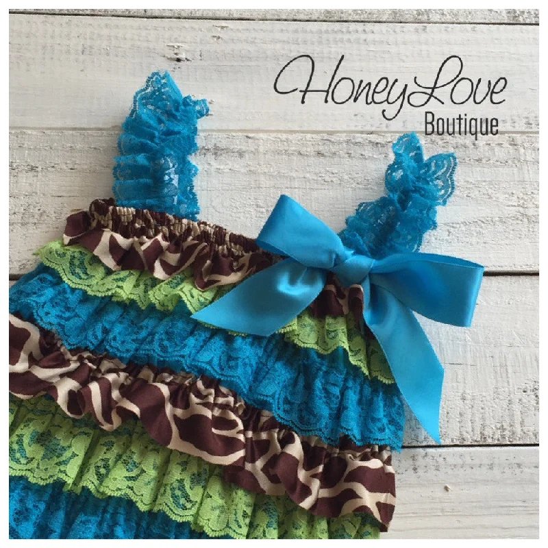 Satin & Lace Petti Romper - Giraffe Print Satin, Lime and Blue Lace