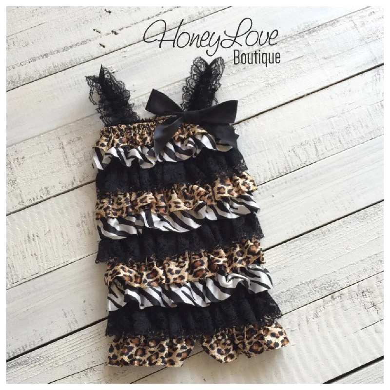 Satin and Lace Petti Romper - Zebra and Leopard Animal Print Satin & Black Lace