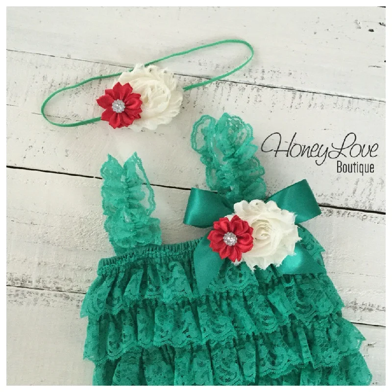 Lace Petti Romper - Embellished Christmas Green with matching headband