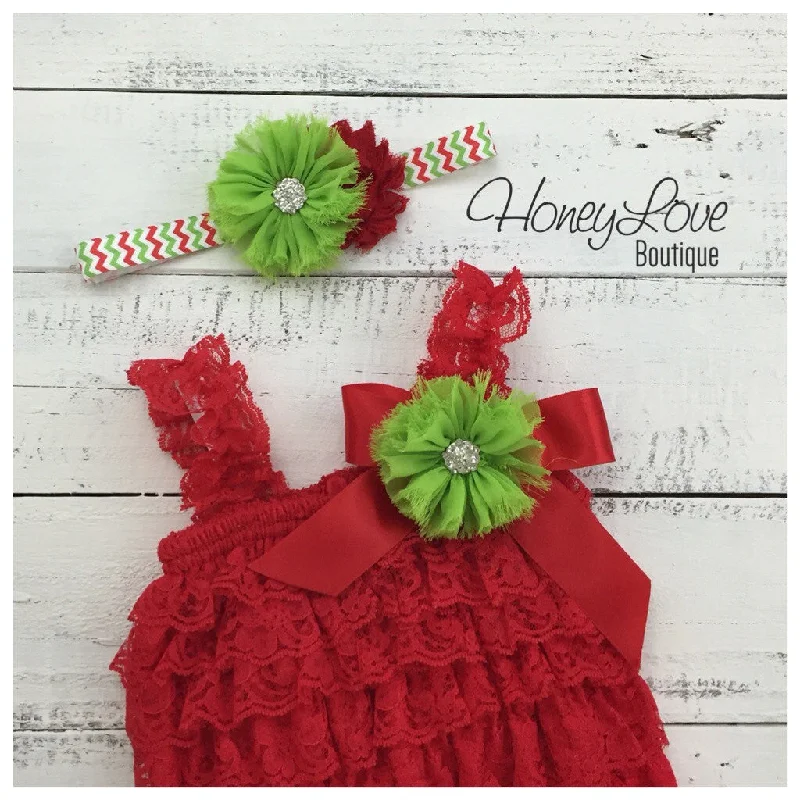 Lace Petti Romper - Embellished Christmas Red Lace Petti Romper and matching headband