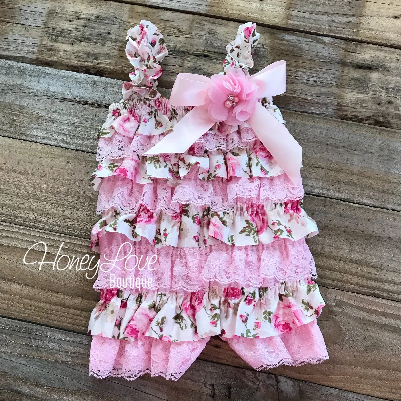 Satin & Lace Petti Romper - Pink and Floral  - with pink flower embellishment